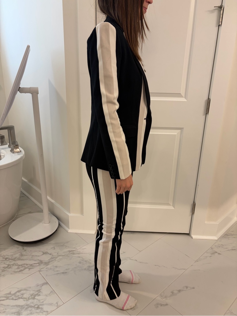 BCBGMaxAzria Black and White Stripe-Trim Pantsuit - Picture 2 of 4